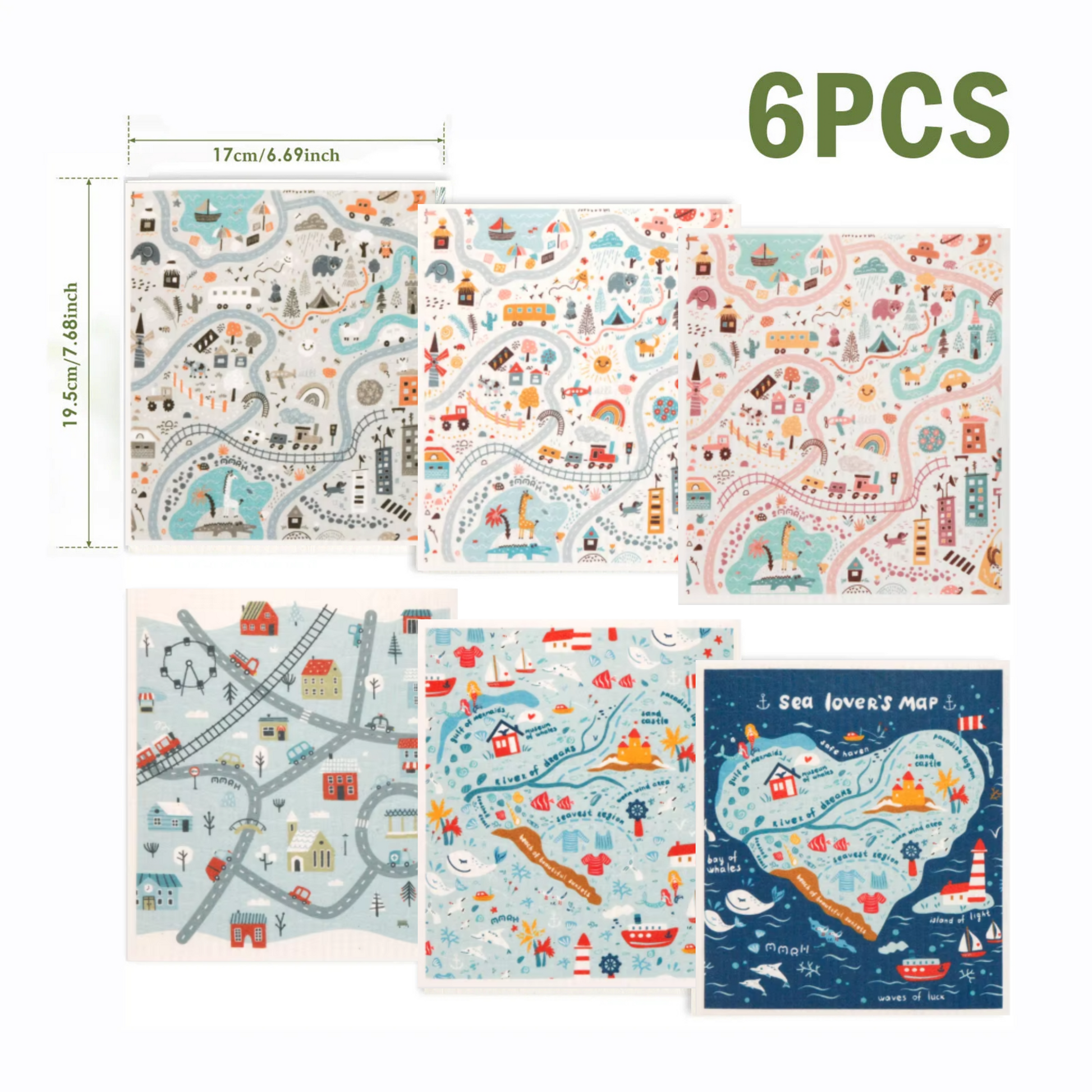 Set of 6 Savanna Jade Swedish dishcloths with vibrant playground-inspired designs.